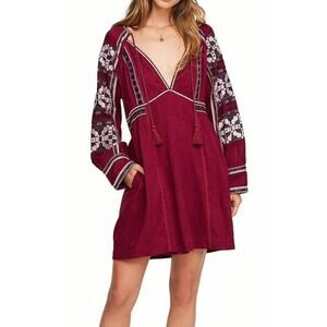 Free People Western Boho All My Life Peasant Festival Burgendy Mini Dress Small